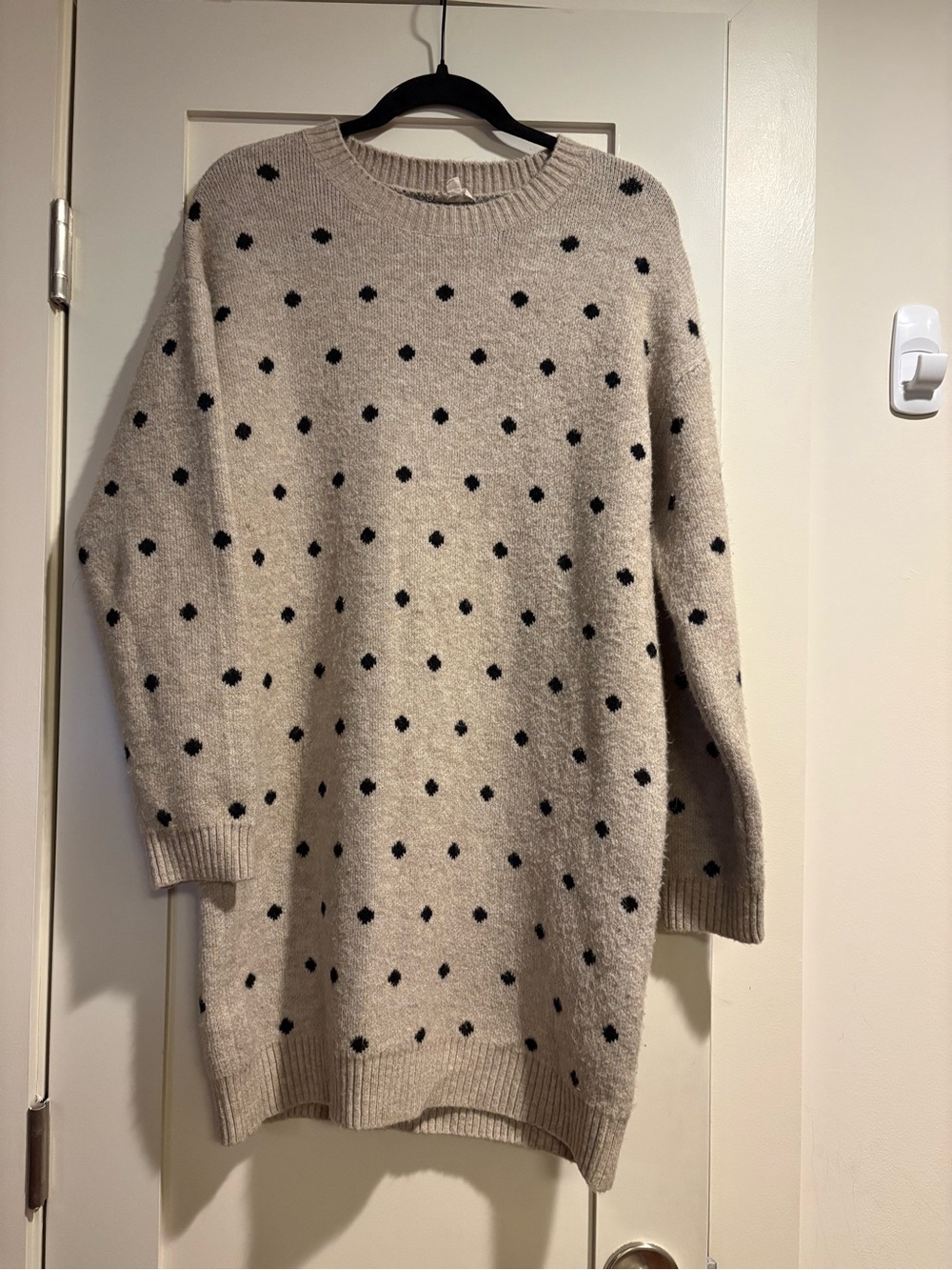 Hem & Thread Cream Crewneck Sweater Dress with Black Dots